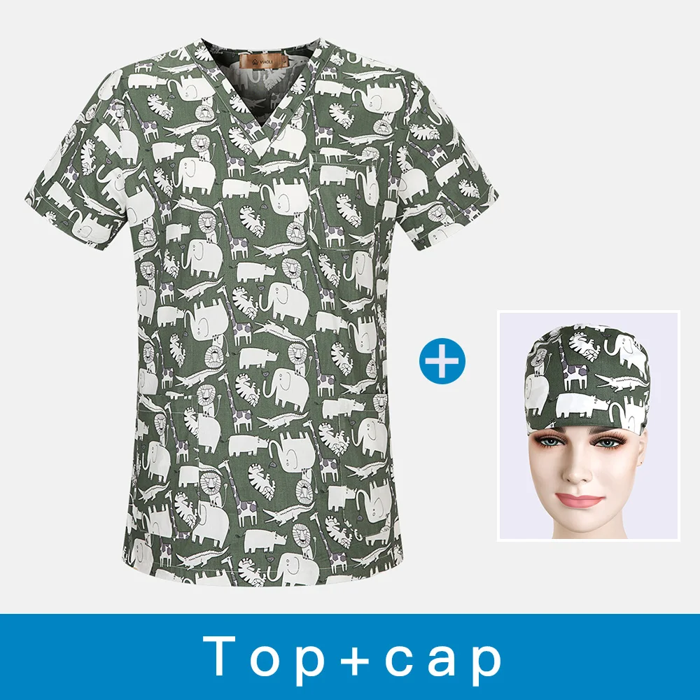 Dental clinic scrubs tops Pet hospital Medical uniforms Laboratory workwear doctor nurse Beauty salon cartoon printing tops new - Цвет: top cap