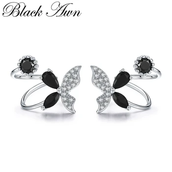 

Black Awn Romantic 925 Sterling Silver Butterflyt Engagement Hoop Earrings for Women Black Spinel Stone Jewelry Bijoux II101
