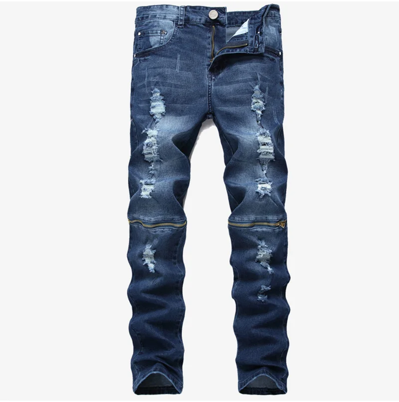LLYGE Привет-улица мужские коленях молнии разорвал водитель, байкер джинсы узкие облегающие отбеленные 2019 Rightclub джинсовые штаны беговое