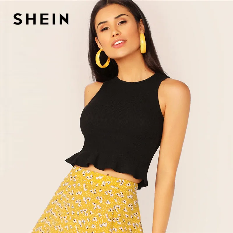 

SHEIN Rib-Knit Peplum Crop Top Women Clothing Slim Fit Stretchy Round Neck Tank Top Elegant Solid Sleeveless Summer Ladies Tops