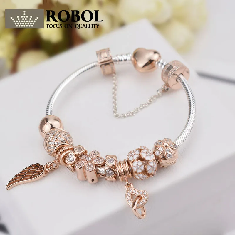 

ROBOL Genuine 100% 925 Sterling Silver Bracelet For Set Women Rose golden birthday Gift charm Bead Jewelry DIY bangle