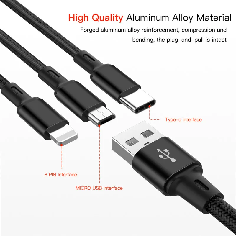 كابل يو اس بي ل فون XS X 8 7 6 شحن شاحن 3 في 1 المصغّر usb كابل للأندرويد USB TypeC الهاتف المحمول الكابلات لسامسونج S9
