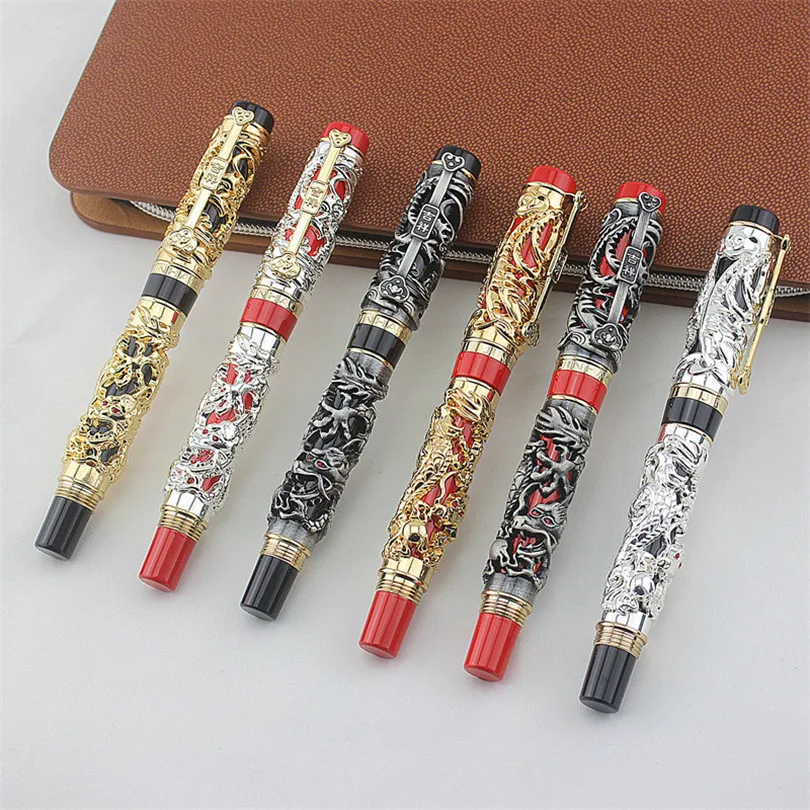 Luxury Gift Pen Jinhao Grey and Red 3D Dragon and Phoenix Fountain Pen 0.5mm Metal Ink Pens Office Supplies