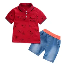 Комплект одежды для малышей; Детская летняя одежда для мальчиков; рубашка джентльмена с геометрическим рисунком; джинсовые шорты с принтом; комплект из 2 предметов; Прямая поставка