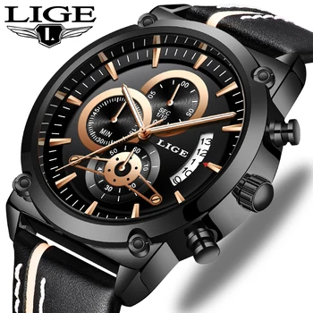 

2019 LIGE Mens Watches Top Luxury Brand Waterproof Sport Watch Chronograph Quartz Military Leather Watch Men Relogio Masculino