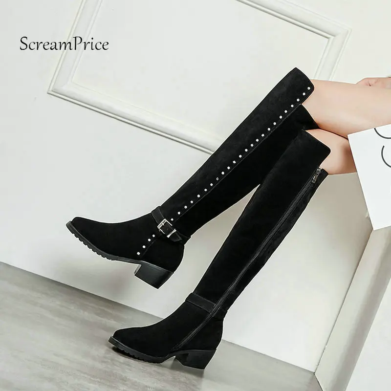 

Comfort Square Heel Woman Suede Knee High Heel Boots Fashion Buckle Zip Dress Calf Boots Woman Black