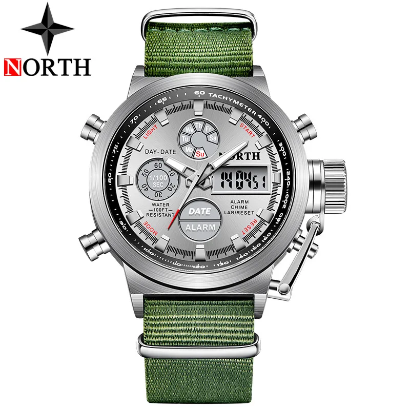 NORTH спортивные часы мужские военные кварцевые часы для мужчин аналоговые светодиодные цифровые кожаные нейлоновые мужские часы повседневные водонепроницаемые наручные часы - Цвет: NL Green White