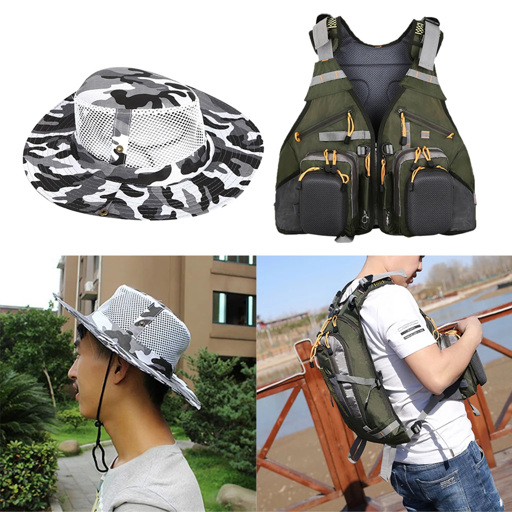 

Adjustable Fishing Vest Backpack Bag Multifunction Pockets And Mesh Bucket Sun Hat
