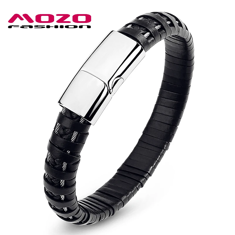 

MOZO FASHION Men Punk Bracelet Wire Rope Leather Bracelets Stainless Steel Magnetic Clasps Bracelet Personalized Jewelry PS4001