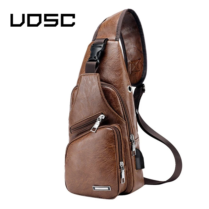 

UOSC Men's Crossbody Bags Men's USB Chest Bag Designer Messenger Bag Leather Shoulder Bags Diagonal Package Back Pack Travel