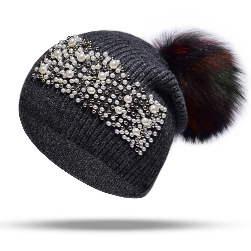 Women Winter Hat Wool Knit Raccoon Pom Pom Cap Warm Ski Outdoor Accessory  (1)