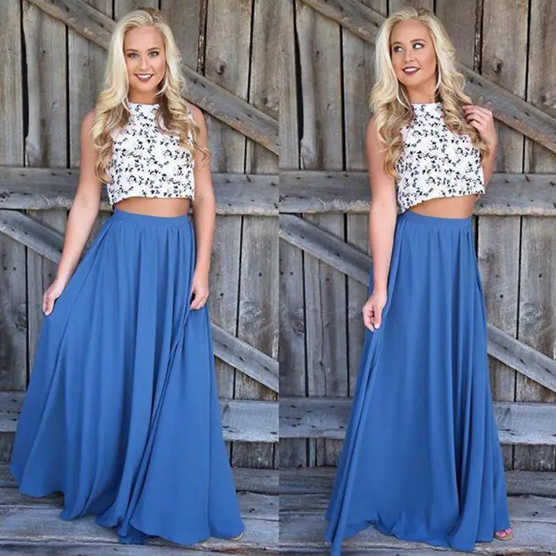 Long Skirt Elegant Women Summer High Waist Maxi Faldas Solid Color Blue ...