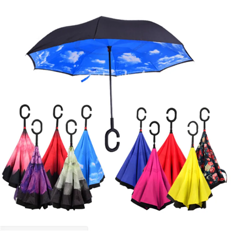 

Drop Shipping Windproof Reverse Folding Double Layer Inverted Chuva Umbrella Self Stand Rain Protection C-Hook Hands For Car