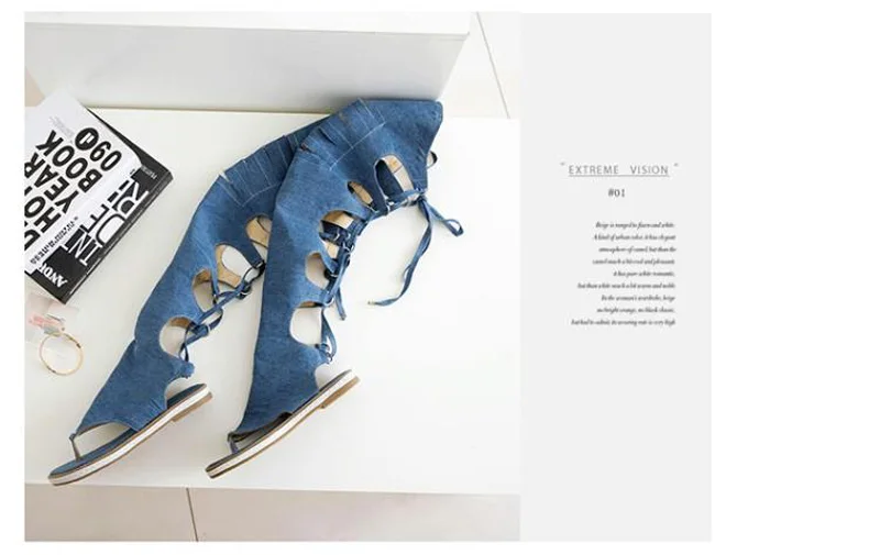 New Women's Summer Shoes Fashion Denim Knee High Women Gladiator Sandals Sexy Back Cross Tied High Top Flip Flops Beach Sandals (2)