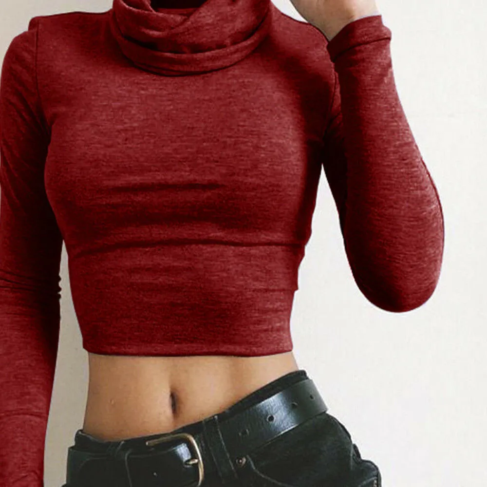 

Turtleneck T-shirts Women Autumn Long Sleeve Solid Stretch Bottoming Tops Women Sexy Crop Tops Camiseta Mujer Women Tshirt
