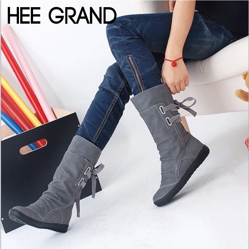 Preise HEE GRAND 2018 Neue Frauen Mode Stiefel Herbst Schuhe mit Spitze up Mid Kalb Solide Low Heels PU stiefel Mujer Schuhe XWX7001