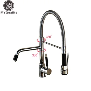 

Chrome Dual Water Spout Flexible Kitchen Faucet Deck Mount One Handle Spring Pull Down Rotation Kitchen Mixers Taps