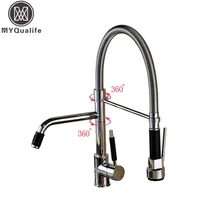 Chrome Dual Water Spout Flexible Kitchen Faucet Deck Mount One Handle Spring Pull Down Rotation Kitchen Mixers Taps