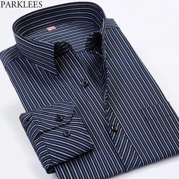 

Mens Business Casual Striped Shirts Long Sleeve Slim Fit Male Navy Blue Button Down Dress Shirts Comfortable Work Camisas Hombre