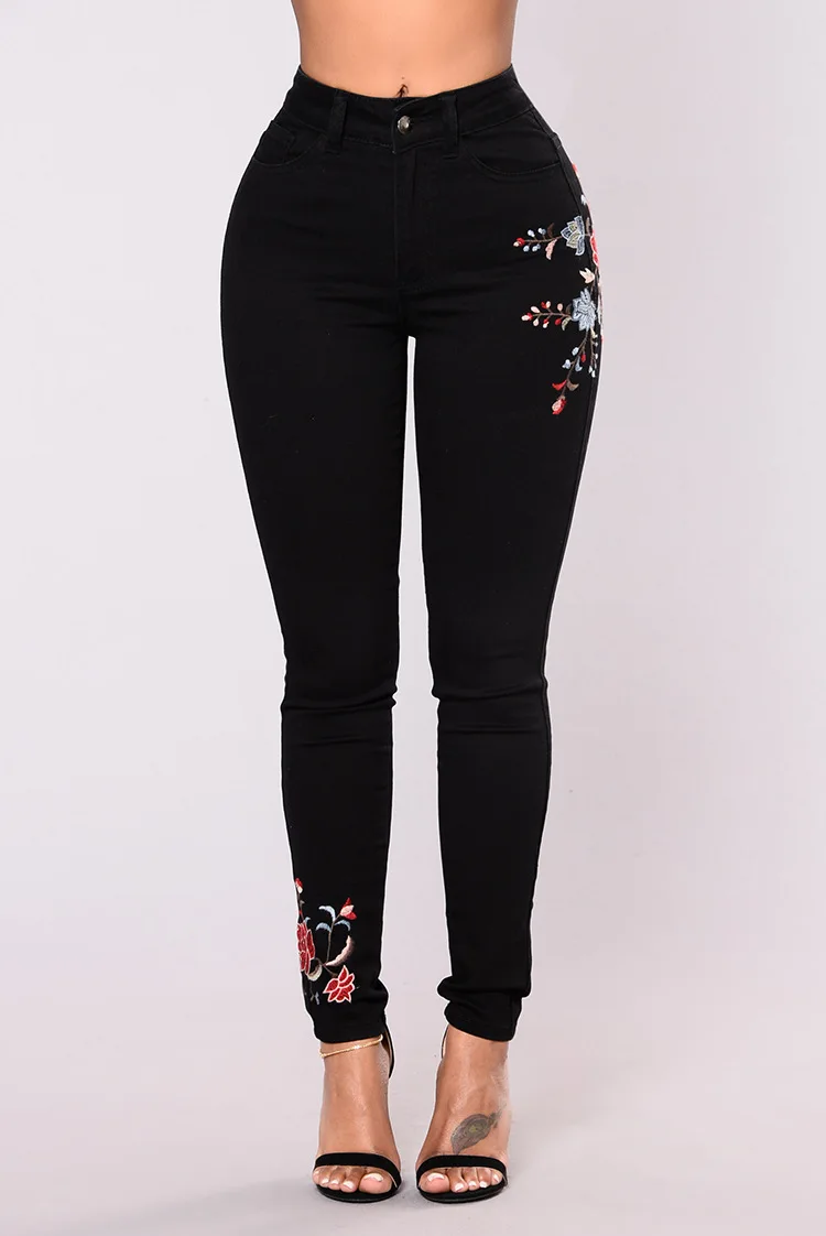 Для женщин облегающие черные джинсовые узкие брюки Sexy цветочные вышивки стрейч высокой талией джинсы женщина уличная push up джинсы Femme
