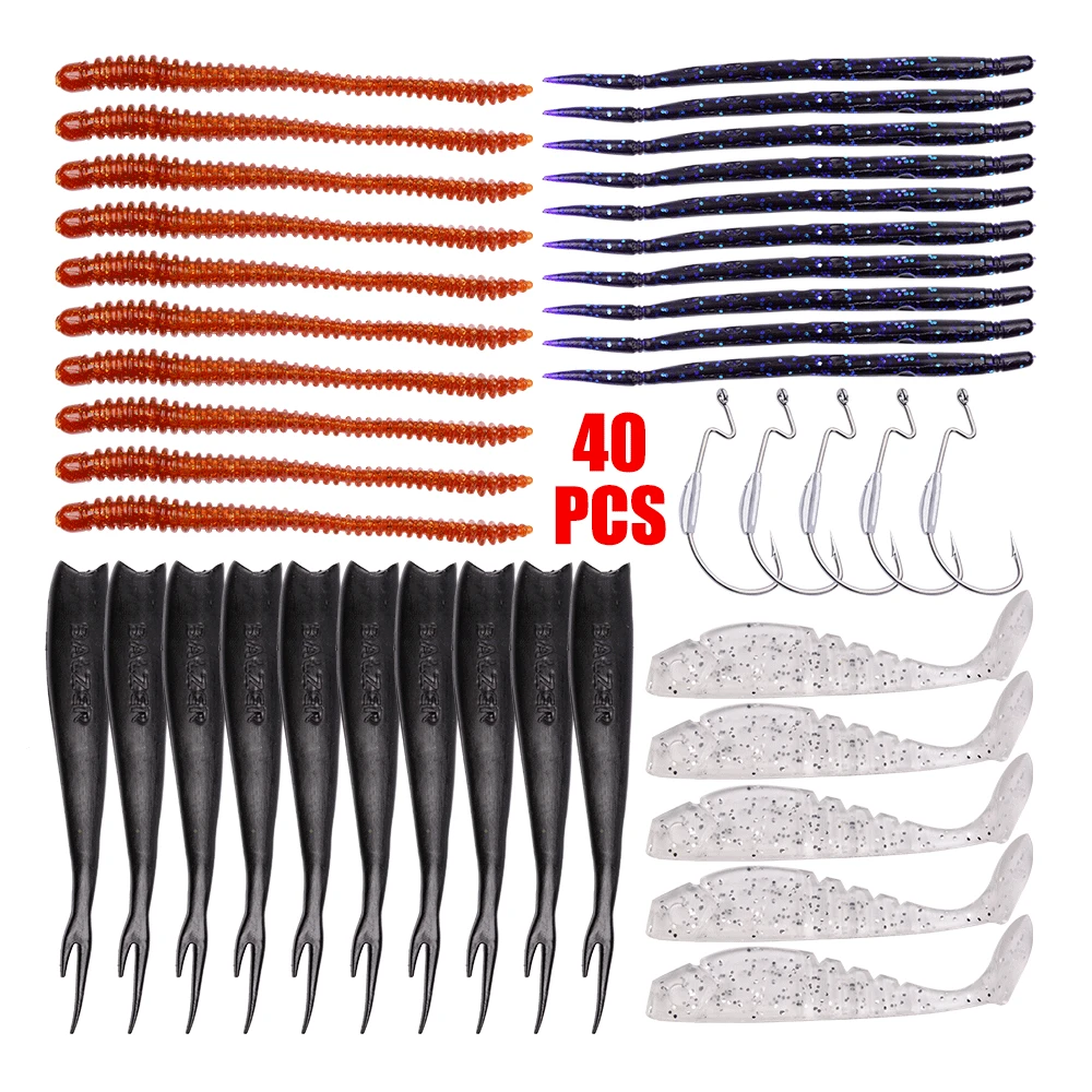 40Pcs MIxed Soft Fish Fishing Lure Silicone Shad Worm Grub Artificial