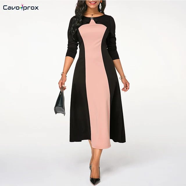 Best Offers Women Round Neck Color Block Rhinestone Embellished Dress Office Lady A-Line Mid-Calf Elegant Plus Size Party Night Dress