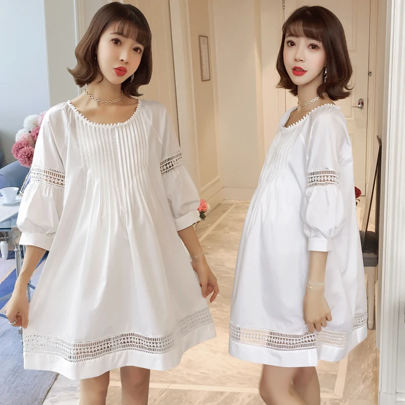 

8835# White Cotton Maternity Shirts Spring Summer Fashion Loose Clothes for Pregnant Women Hollow Out Pleated Pregnancy Tops