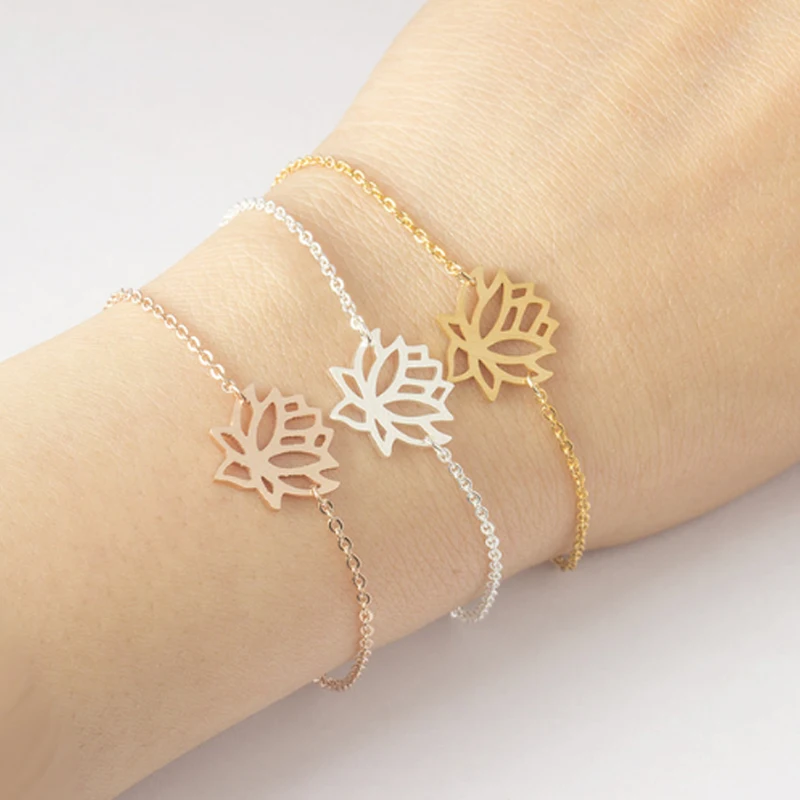 

Stainless Steel Gold Charm Healing Lucky Lotus Flower Bracelets For Women Boho Jewellery Delicate Chain Yoga Bracelet Mom Gifts