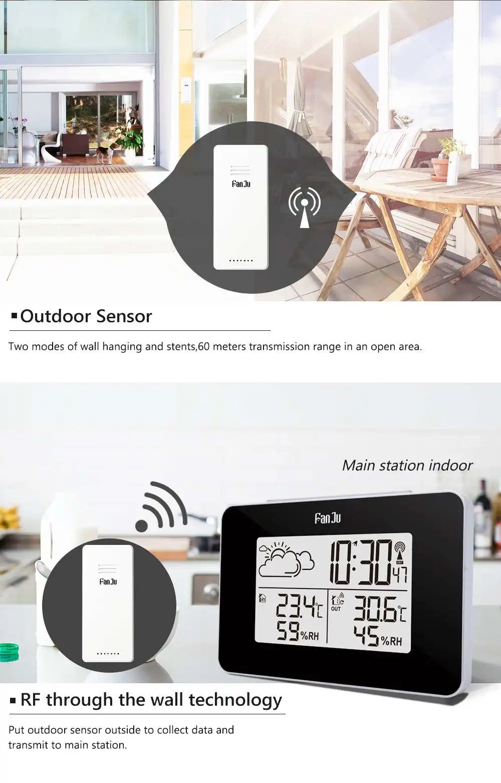 FanJu FJ3364 Digital Alarm Clock Weather Station Wireless Sensor Hygrometer Thermometer Multi-function LED Desktop Table Clock