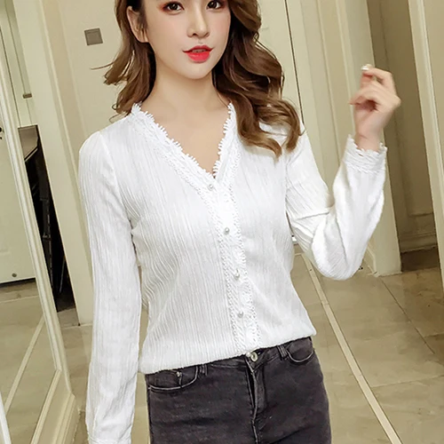 Женские топы и блузки женская рубашка стильная корейская модная одежда Рубашки Женская белая шифоновая кружевная блузка с длинным рукавом L4 - Цвет: white