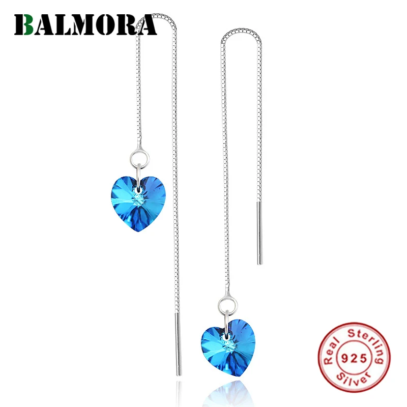 

BALMORA 925 Sterling Silver Crystal Heart Dangle Drop Earrings for Women Lady Ear Line Fashion Silver Jewelry Aretes LE10115