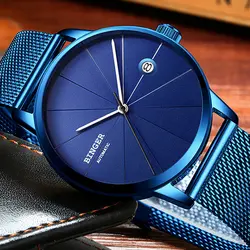 Швейцария BINGER Элитный бренд Дизайн ультра-тонкий синий творческий часы Для мужчин Лидирующий бренд Повседневное Календарь автоматические