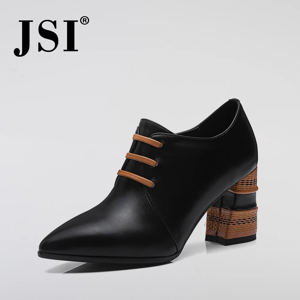 

JSI New Casual Lace-up Women Pumps Handmade Genuine Leather Strange Style Heel Pointed Toe Lady Shoes Classics Black Pumps JO452