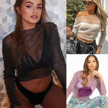 

Sexy Women Shirt See Through Transparent Mesh Tops Long Sleeve Sheer Slim Ladies One Blouses New Arrival Women shirt