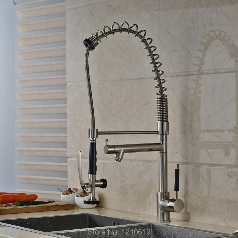 

Newly Deck Mount Kitchen Spring Sink Faucet Nickel Brushed Pull Down Spout Basin Faucet Mixer Single Hole