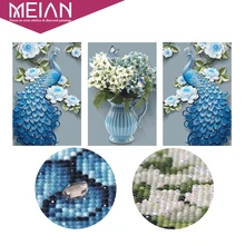 Алмазная картина Meian "3 картины" сделай сам "Цветы Павлин" Алмазная вышивка, полная, Алмазная мозаика, набор бусин картина, Декор для дома