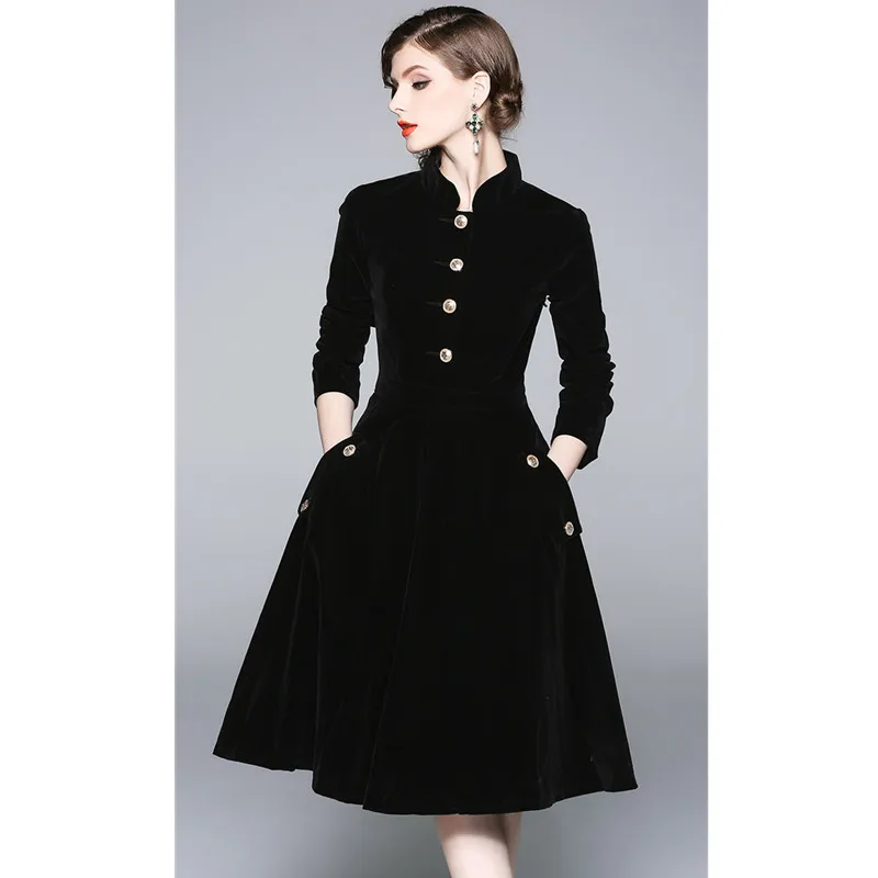 Осенне-зимнее Золотое бархатное платье с длинными рукавами, черное платье, винтажное платье, воротник-стойка, высокая талия, элегантное платье миди, vestidos - Цвет: Черный