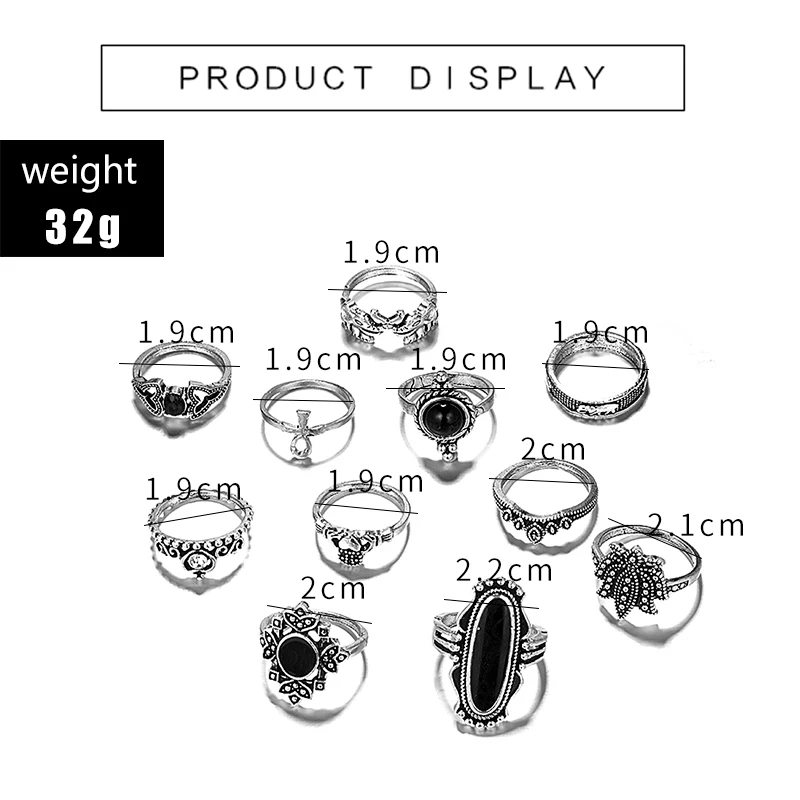 Docona, 11 шт./1 Набор, винтажное серебряное кольцо в форме лотоса и слона, набор колец средней длины для женщин, черные стразы, набор колец с геометрическим рисунком 7009