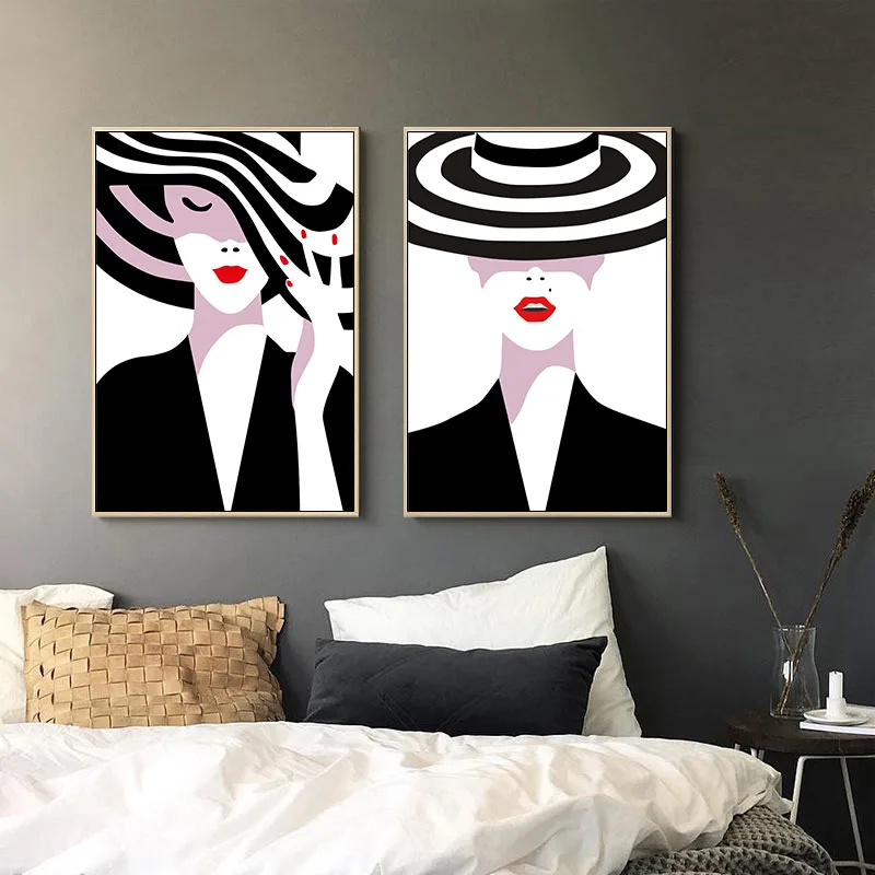 

Black and White Girl Fashion Canvas Painting Poster and Prints Sexy red lips Wall Art Pictures for Living Room Home Decoration