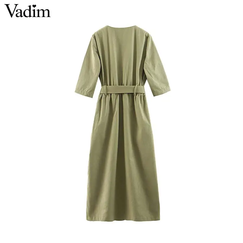 Женское элегантное платье vadim, однотонное платье макси с v-образным вырезом, эластичным поясом и разрезом, Женская офисная одежда, платья длиной до щиколотки QB671
