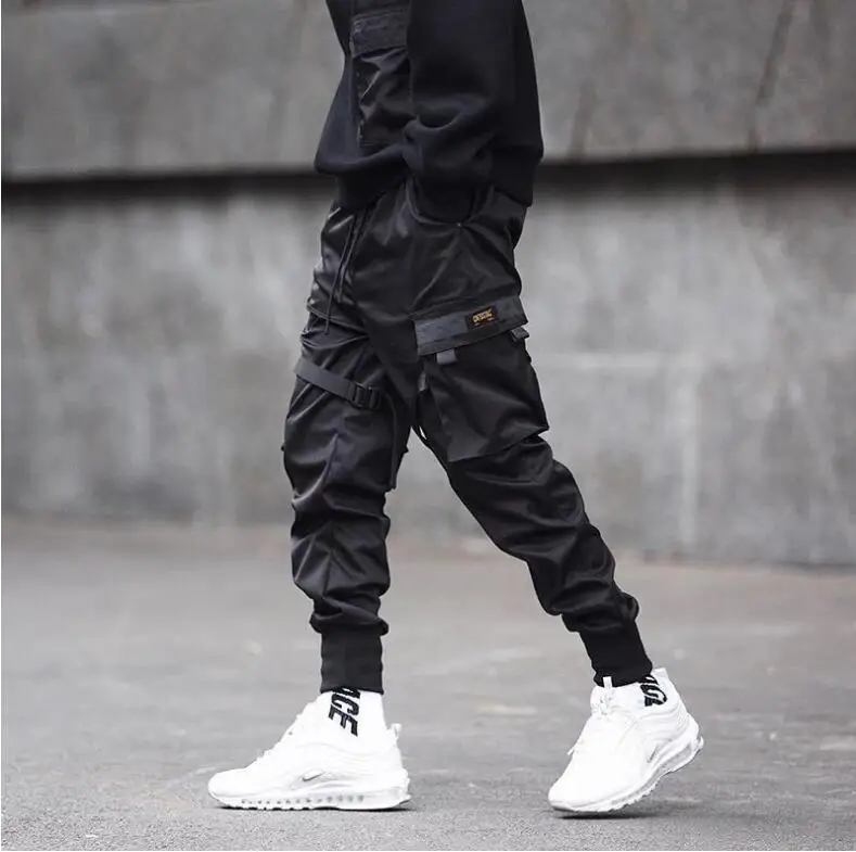 Мужские штаны-карго с цветными лентами и черным карманом, шаровары, штаны для бега в стиле Харадзюку, спортивные штаны в стиле хип-хоп