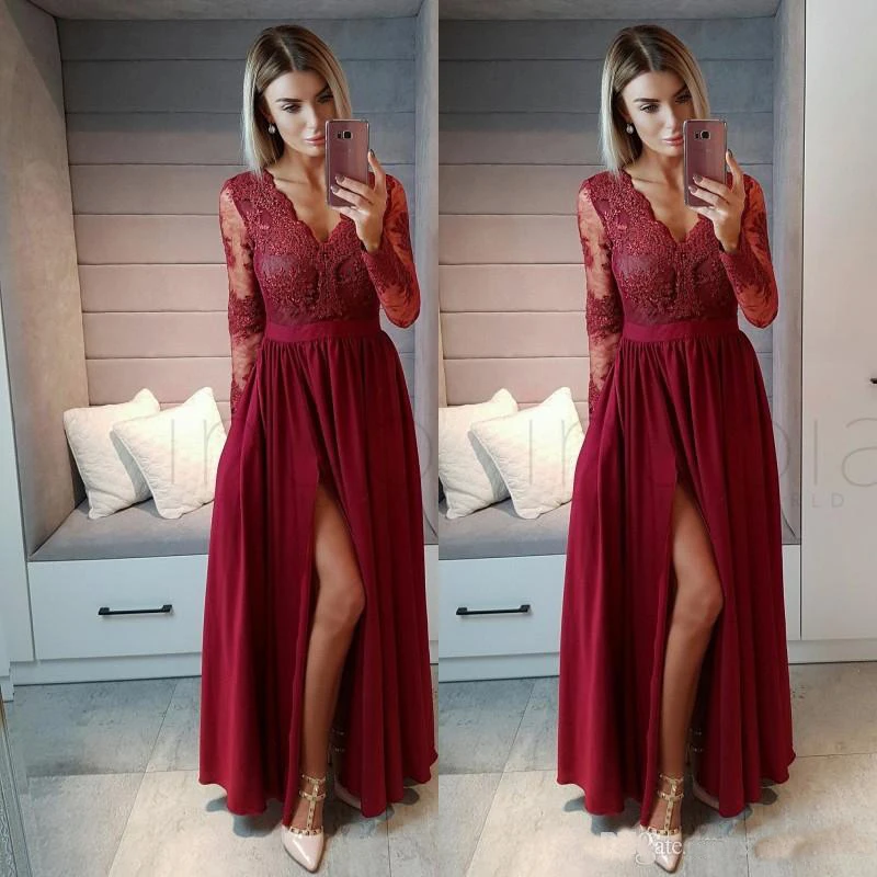 

Burgundy Long Sleeve Evening Dresses Long 2019 abiye gece elbisesi A Line Side Split abendkleider Chiffon Formal Prom Dress