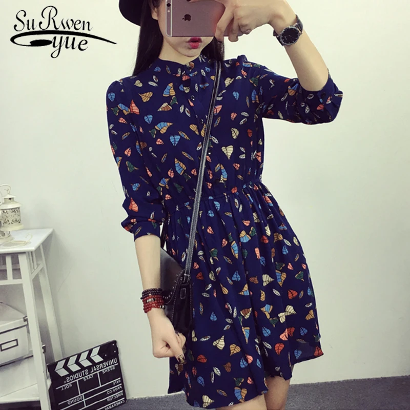 

Spring 2019 women long sleeve print chiffon dress fashion woman dresses womens clothing casual 3XL plus size women dress 2185 50