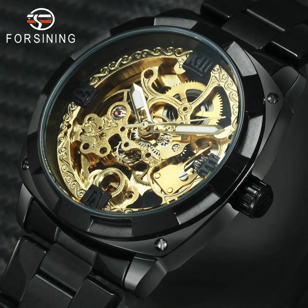 FORSINING Royal Auto Mechanical Watch Men Carved Hpllow Dial Stainless