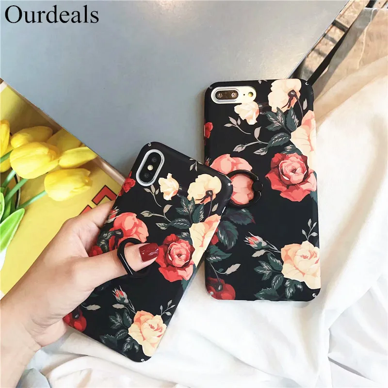 

Ourdeals PC Vintage Flowers Phone Case For iphone XR XS MAX X All-inclusive Ring Bracket For iphone 8 7 6 6s plus Back Case Capa