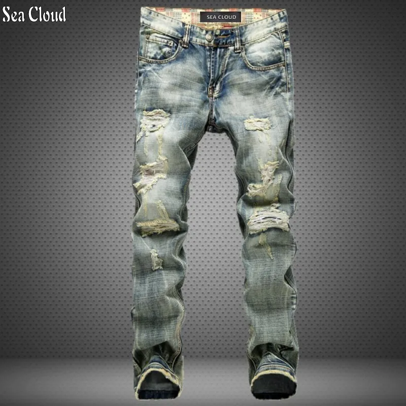 82 Бесплатная доставка Большие размеры 28-42 длинные джинсы мужские свободные прямые повседневные отверстия Штаны Мужской полной длины