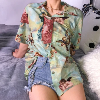 

Harajuku Cupid Angel Print Summer Women Blouse Vintage Casual Loose Short Sleeve Shirt Tops Female Streetwear