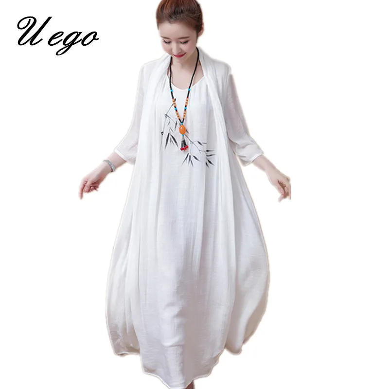 2018 Fashion Fake Two Piece Summer Dress Cotton Linen Loose Ladies Long