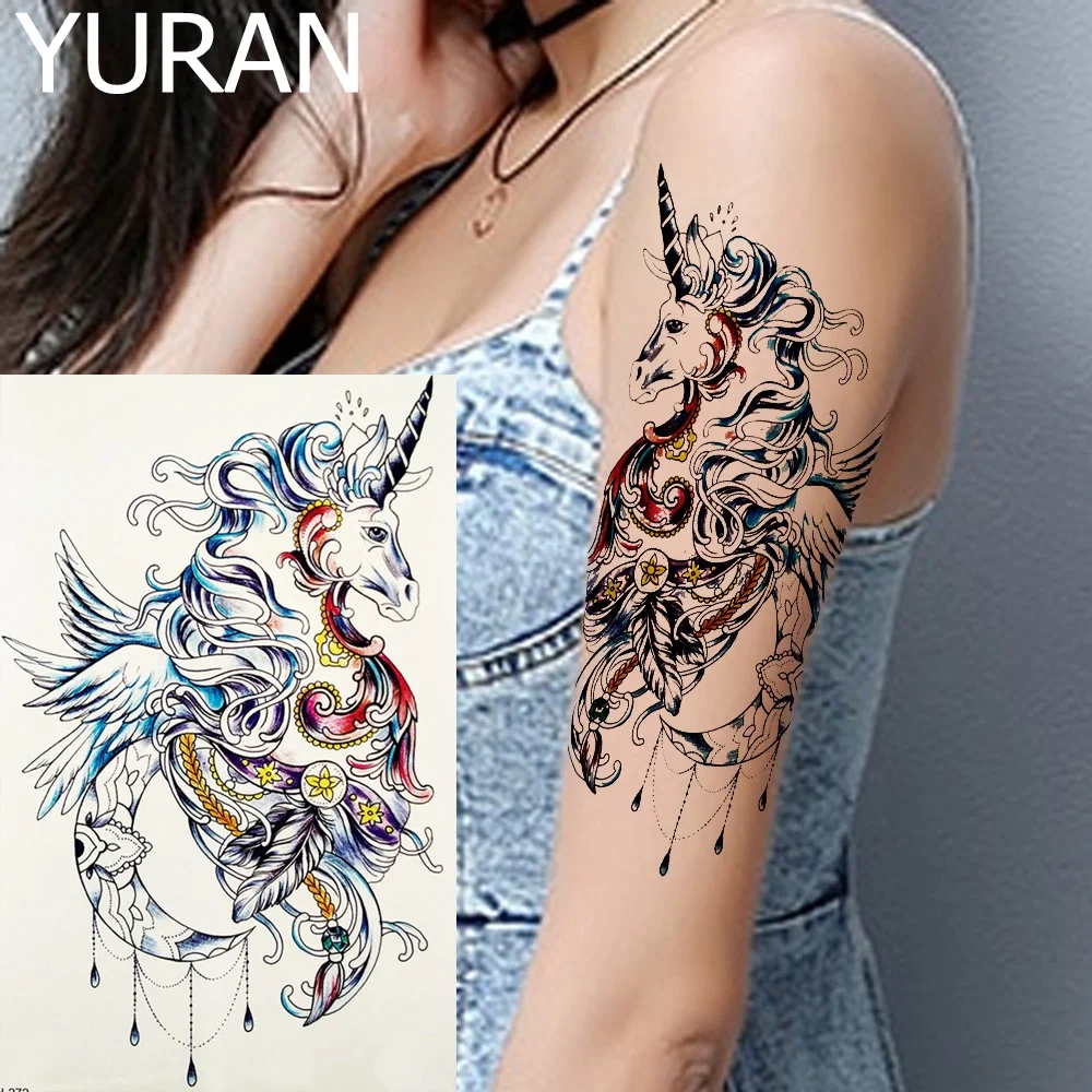 Watercolour Large Flying Unicorn Tattoos Temporary Black Moon Fairy ...