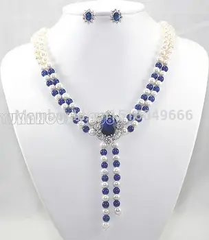 

SU231 Hot sale FREE shipping>>>>Fashion Jewelry 2 Strands White Freshwater & Blue Jades Necklace Earring